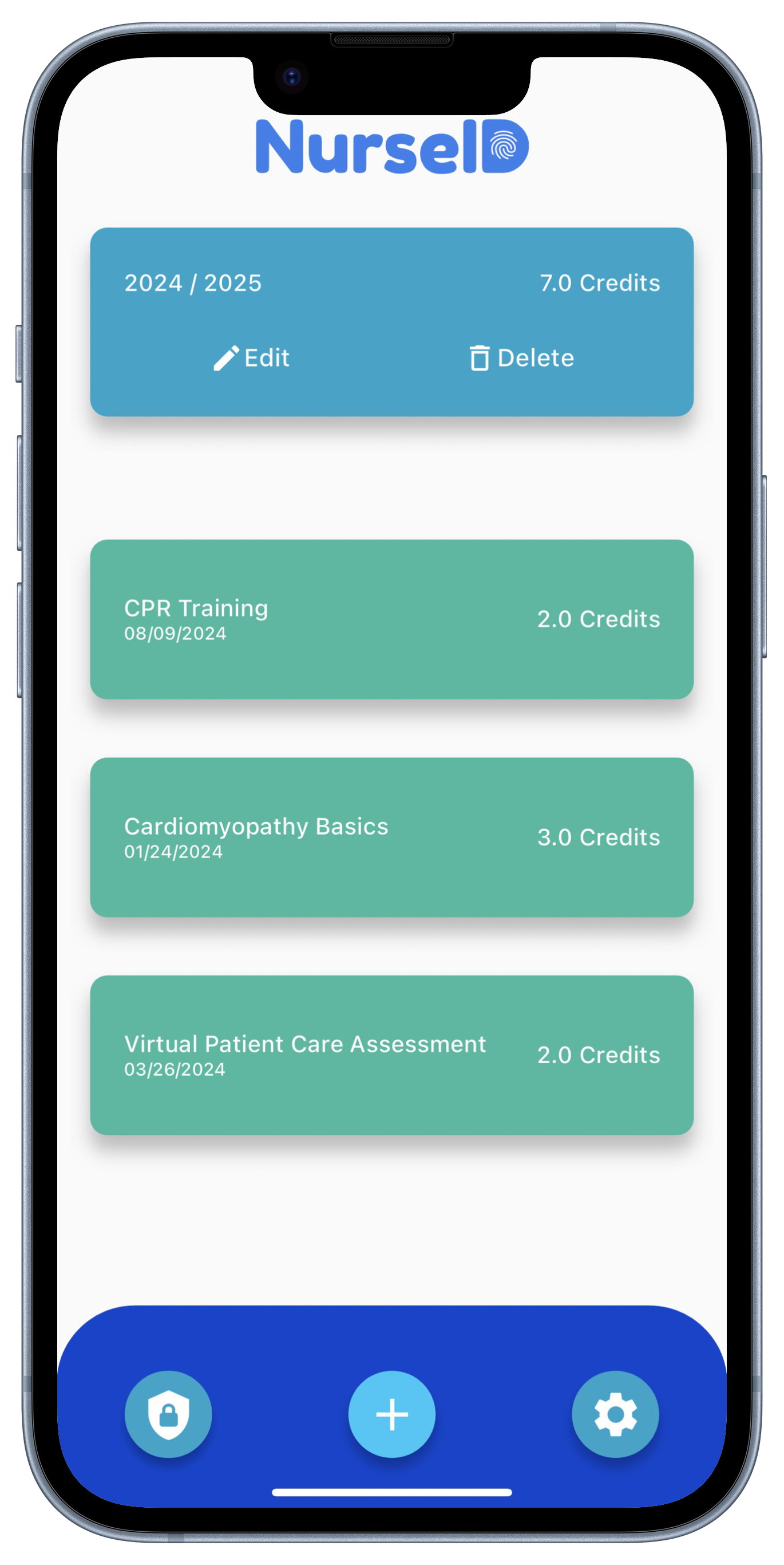 Screenshot of NurseID Application showcasing the ability to view and add CEUs